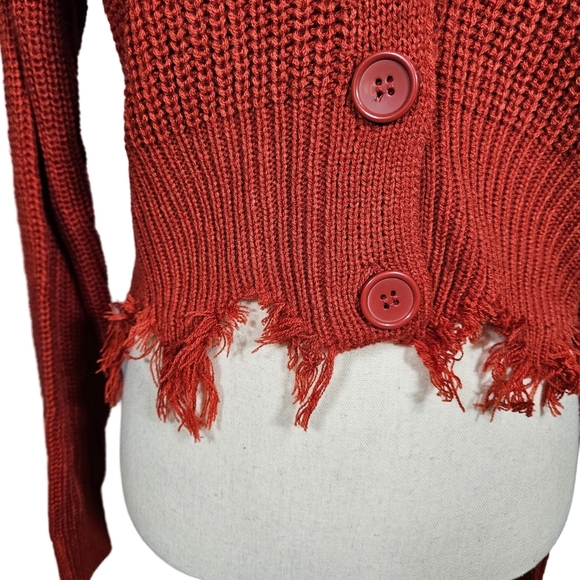 Love Tree Distressed V Neck Button Up Cropped Cardigan, Burnt Orange, Small - Picture 2 of 14
